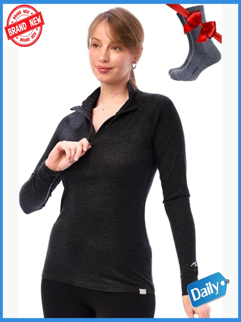 Merino Wool Half Zip Thermal Shirt Women Base Layer Light Medium Heavyweight